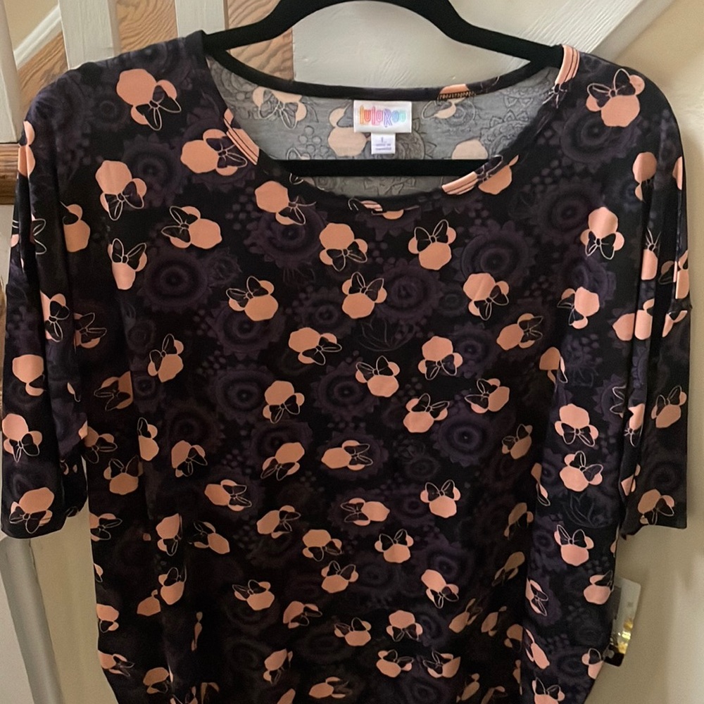 Disney LuLaRoe Irma top. BNWT. Large. Black, purple, and peach. Minnie Mouse!